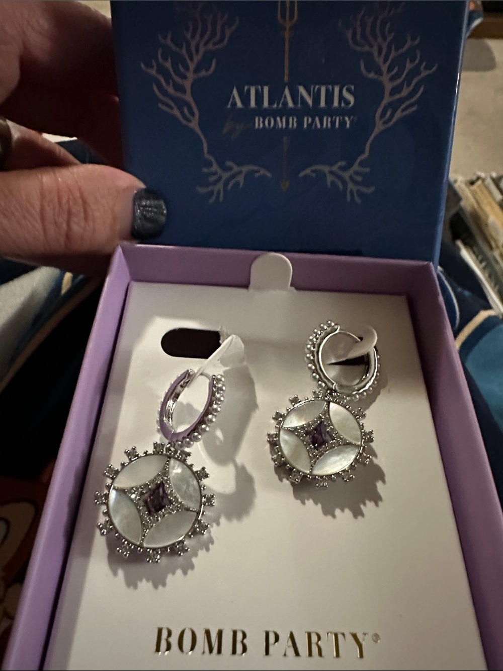 NWT Atlantis by Bomb Party Silver Tone Drop Earrings with pearl and Lilac Accent